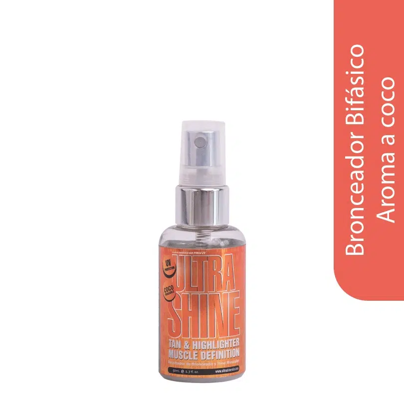 Bronceador bifásico Ultrashine Skin compacto con protección solar SPF 6, aroma a coco y chocolate, ideal para sol y cama solar. Cruelty-free y sin parabenos.