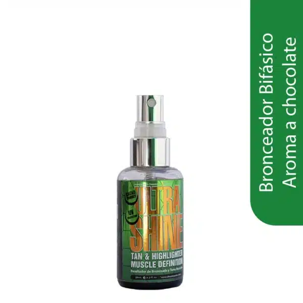Bronceador bifásico Ultrashine Skin compacto con protección solar SPF 6, aroma a coco y chocolate, ideal para sol y cama solar. Cruelty-free y sin parabenos.