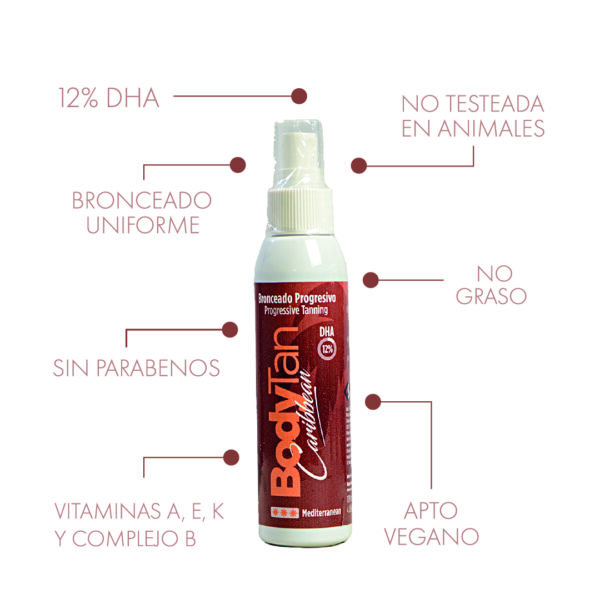 BodyTan Caribbean tiene 12% DHA nivel 3 Mediterraneum es un producto NO GRASO, sin parabenos, multivitaminicos