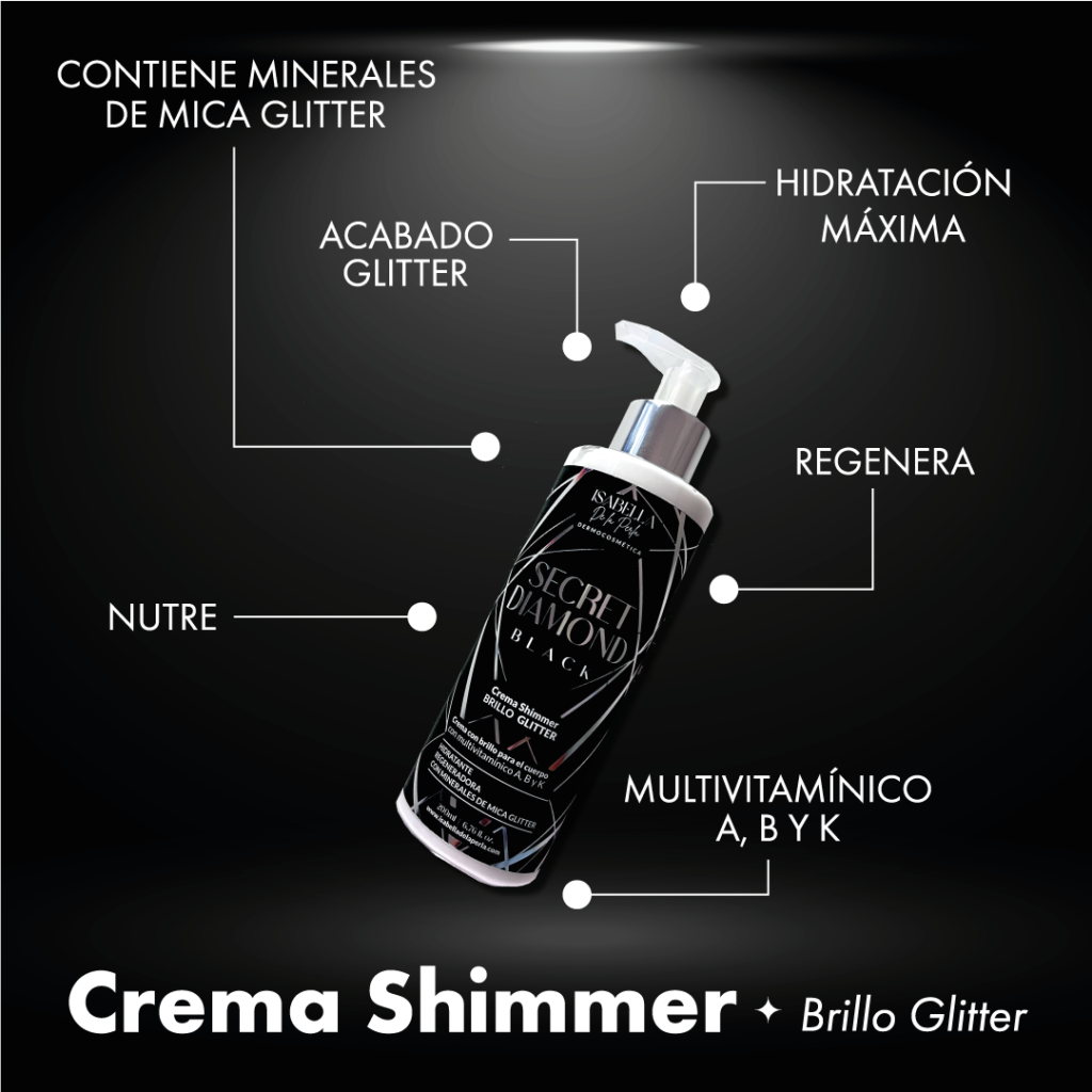 Brillo Glitter nuestra Crema Shimmer no solo hidrata sino que también nutre, perfuma, revitaliza, y suaviza tu piel