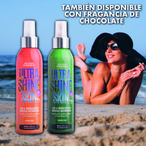 Ultra Shine Skin esencia de coco y también de cacao con Factor de Protección Solar del 6%